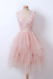 Niulatu Dresses,pink V Neck Tulle Lace Short Prom Dress, Pink Homecoming Dress HZ1108