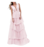 Niulatu Brush Pink V-Neck Ruffles Prom Dress HZ1108