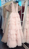 Niulatu Brush Pink V-Neck Ruffles Prom Dress HZ1108