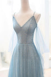 Niulatu Blue Sparkly Tulle Long Prom Dress, A-Line Spaghetti Strap Evening Dress HZ1108