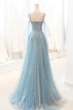 Niulatu Blue Sparkly Tulle Long Prom Dress, A-Line Spaghetti Strap Evening Dress HZ1108