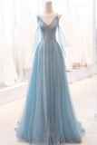 Niulatu Blue Sparkly Tulle Long Prom Dress, A-Line Spaghetti Strap Evening Dress HZ1108