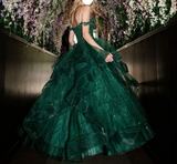 Niulatu Green A Line V Neck Tulle Sequin Lace Long Prom Dress,Dark Green Formal Prom Dress HZ1108