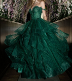 Niulatu Green A Line V Neck Tulle Sequin Lace Long Prom Dress,Dark Green Formal Prom Dress HZ1108