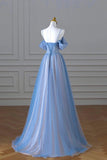 Niulatu A-Line Tulle Sequins Pearls Spaghetti Straps Prom Dress,Blue Formal Prom Dress HZ1108