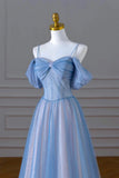 Niulatu A-Line Tulle Sequins Pearls Spaghetti Straps Prom Dress,Blue Formal Prom Dress HZ1108