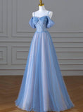Niulatu A-Line Tulle Sequins Pearls Spaghetti Straps Prom Dress,Blue Formal Prom Dress HZ1108