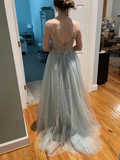 Niulatu Blue Beaded Tulle Spaghetti Straps Prom Dress HZ1108