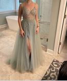 Niulatu Blue Beaded Tulle Spaghetti Straps Prom Dress HZ1108