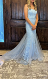 Niulatu Straps Mermiad Blue Beaded Tulle Sequin Prom Dress with Appliques HZ1108