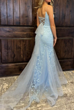 Niulatu Straps Mermiad Blue Beaded Tulle Sequin Prom Dress with Appliques HZ1108