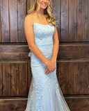 Niulatu Straps Mermiad Blue Beaded Tulle Sequin Prom Dress with Appliques HZ1108