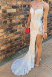 Niulatu Spaghetti Straps Appliques Prom Dress with Slit HZ1108