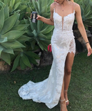Niulatu Spaghetti Straps Appliques Prom Dress with Slit HZ1108