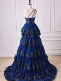 Niulatu Shoulder Dark Navy Blue Long Lace Prom Dresses, One Shoulder Dark Navy Blue Lace Formal Dresses HZ1108