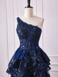 Niulatu Shoulder Dark Navy Blue Long Lace Prom Dresses, One Shoulder Dark Navy Blue Lace Formal Dresses HZ1108