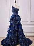 Niulatu Shoulder Dark Navy Blue Long Lace Prom Dresses, One Shoulder Dark Navy Blue Lace Formal Dresses HZ1108