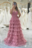 Niulatu A Line Spaghetti Straps Printed Tulle Prom Dress with Ruffles HZ1108