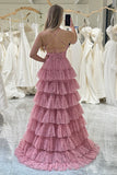 Niulatu A Line Spaghetti Straps Printed Tulle Prom Dress with Ruffles HZ1108