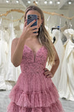 Niulatu A Line Spaghetti Straps Printed Tulle Prom Dress with Ruffles HZ1108