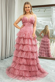 Niulatu A Line Spaghetti Straps Printed Tulle Prom Dress with Ruffles HZ1108