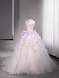 Niulatu Tulle Sequin Long Prom Dress, Strapless Pink And Purple Three-Dimensional Flower Wedding Dress HZ1108