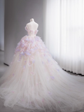Niulatu Tulle Sequin Long Prom Dress, Strapless Pink And Purple Three-Dimensional Flower Wedding Dress HZ1108