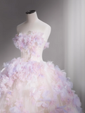 Niulatu Tulle Sequin Long Prom Dress, Strapless Pink And Purple Three-Dimensional Flower Wedding Dress HZ1108