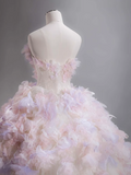 Niulatu Tulle Sequin Long Prom Dress, Strapless Pink And Purple Three-Dimensional Flower Wedding Dress HZ1108