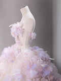 Niulatu Tulle Sequin Long Prom Dress, Strapless Pink And Purple Three-Dimensional Flower Wedding Dress HZ1108
