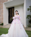 Niulatu Tulle Sequin Long Prom Dress, Strapless Pink And Purple Three-Dimensional Flower Wedding Dress HZ1108