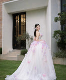 Niulatu Tulle Sequin Long Prom Dress, Strapless Pink And Purple Three-Dimensional Flower Wedding Dress HZ1108