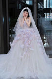 Niulatu Tulle Sequin Long Prom Dress, Strapless Pink And Purple Three-Dimensional Flower Wedding Dress HZ1108