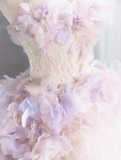 Niulatu Tulle Sequin Long Prom Dress, Strapless Pink And Purple Three-Dimensional Flower Wedding Dress HZ1108