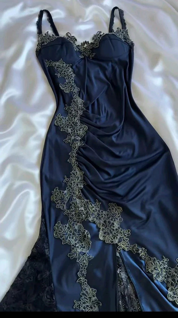 Niulatu Navy Blue Spaghetti Straps Mermaid Satin Appliques Prom Dresses Party Dresses HZ1026
