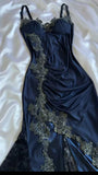 Niulatu Navy Blue Spaghetti Straps Mermaid Satin Appliques Prom Dresses Party Dresses HZ1026
