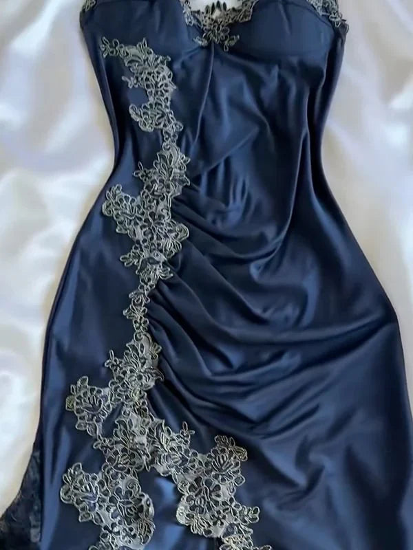 Niulatu Navy Blue Spaghetti Straps Mermaid Satin Appliques Prom Dresses Party Dresses HZ1026