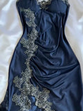 Niulatu Navy Blue Spaghetti Straps Mermaid Satin Appliques Prom Dresses Party Dresses HZ1026