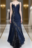 Niulatu Navy Blue Spaghetti Straps Mermaid Satin Appliques Prom Dresses Party Dresses HZ1026