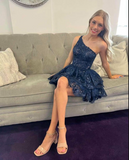 Niulatu Line One Shoulder Navy Tiered Lace Short Homecoming Dress HZ1108
