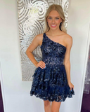 Niulatu Line One Shoulder Navy Tiered Lace Short Homecoming Dress HZ1108