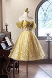 Niulatu Floral Tulle Knee Length Prom Dress, A-Line Off the Shoulder Homecoming Dress HZ1108
