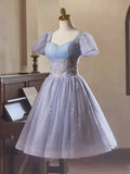 Niulatu Purple Tulle Short Sleeves Homecoming Dress, Beautiful Knee Length Prom Party Dress HZ1108
