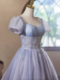 Niulatu Purple Tulle Short Sleeves Homecoming Dress, Beautiful Knee Length Prom Party Dress HZ1108