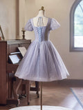 Niulatu Purple Tulle Short Sleeves Homecoming Dress, Beautiful Knee Length Prom Party Dress HZ1108