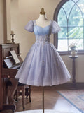 Niulatu Purple Tulle Short Sleeves Homecoming Dress, Beautiful Knee Length Prom Party Dress HZ1108