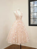 Niulatu V-Neck Tulle Sequins Short Prom Dress, Cute A Line Backless Homecoming Dress HZ1108