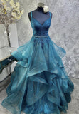 Niulatu A-line V-neck Tulle Sequins Long Prom Dress, Spaghetti Strap Evening Dress HZ1108