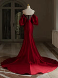 Niulatu Mermaid Puff Sleeves Satin Burgundy Long Prom Dress, Burgundy Long Formal Dress HZ1108