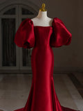 Niulatu Mermaid Puff Sleeves Satin Burgundy Long Prom Dress, Burgundy Long Formal Dress HZ1108